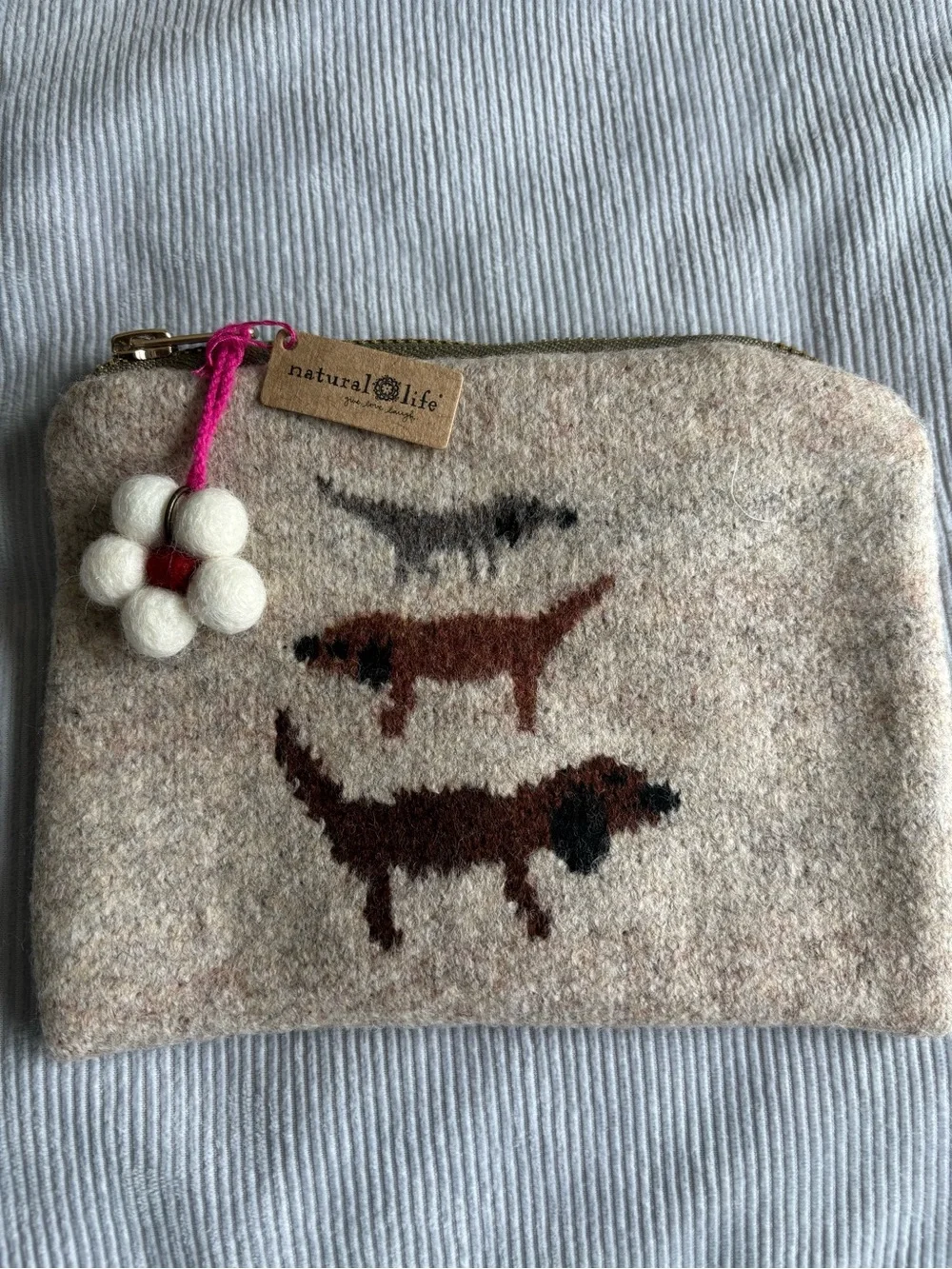 Natural Life Beige Wool Felt Pouch with Dog Design